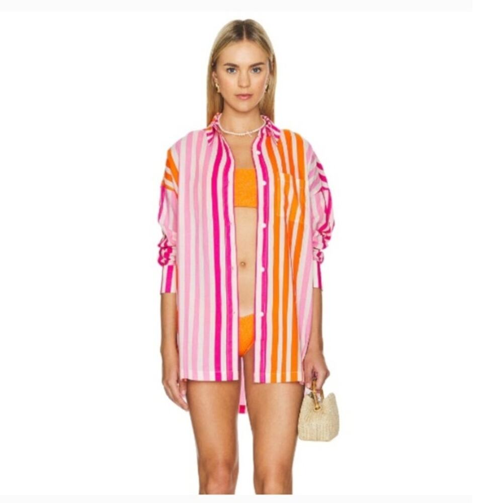Beach Riot Pink & Orange Striped Swim Coverup Shirt